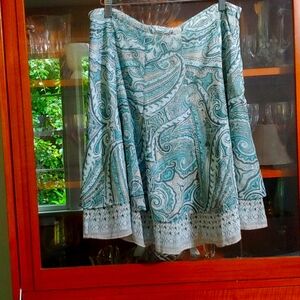 White House Black Market Paisley Midi Skirt - Cream & Teal, Lightweight, Layered